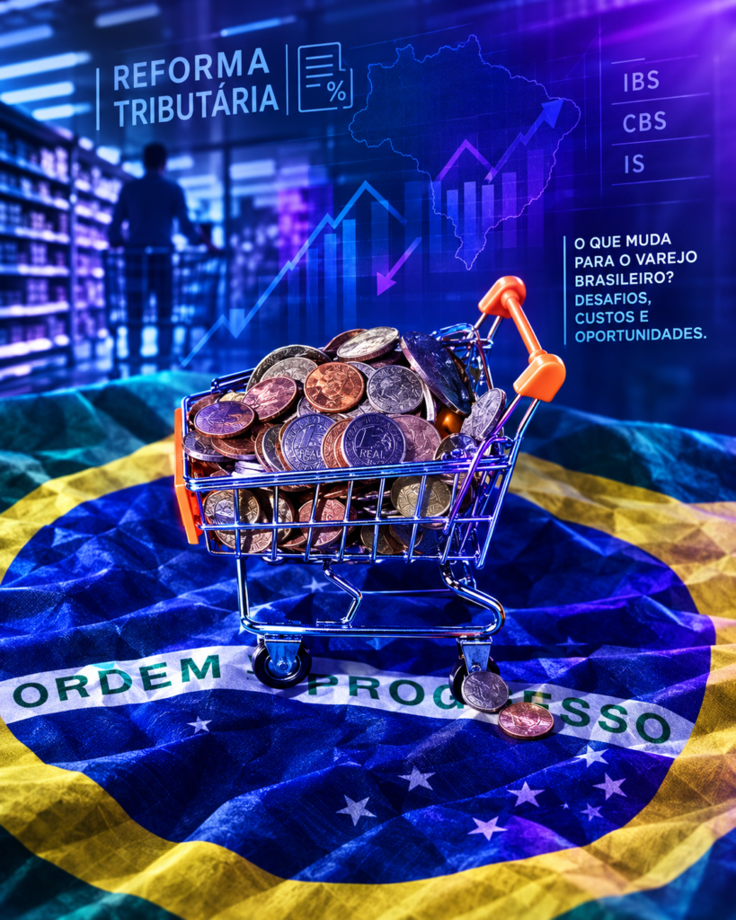 Carrinho de supermercado com moedas sobre a bandeira do Brasil, ilustrando o impacto da Reforma Tributária (IBS, CBS e IS) no varejo